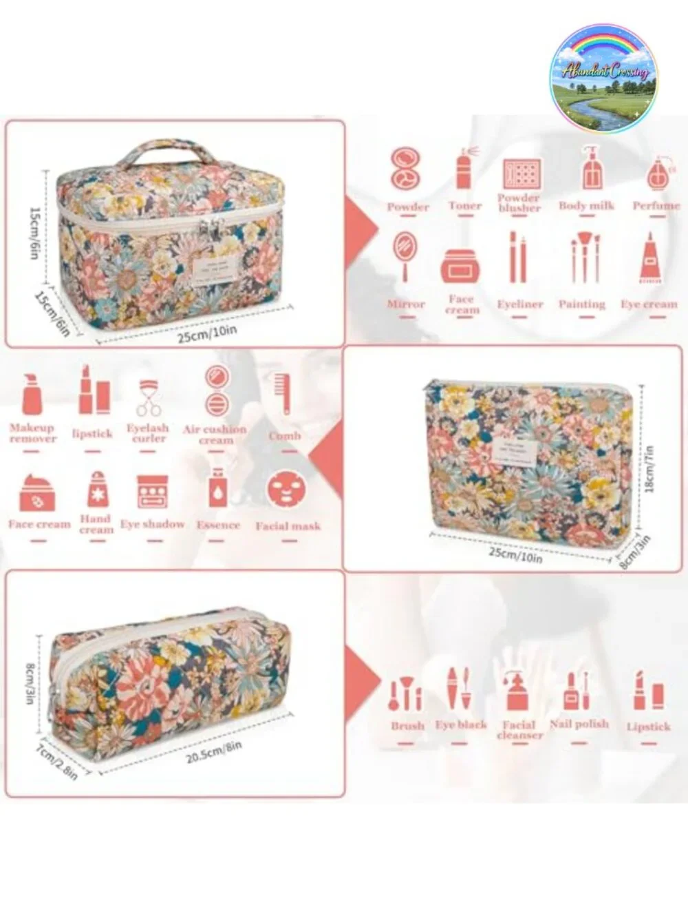 Quilted Cotton Makeup Bag Set, 3 Sizes Floral Travel Toiletry Organizer, Cute